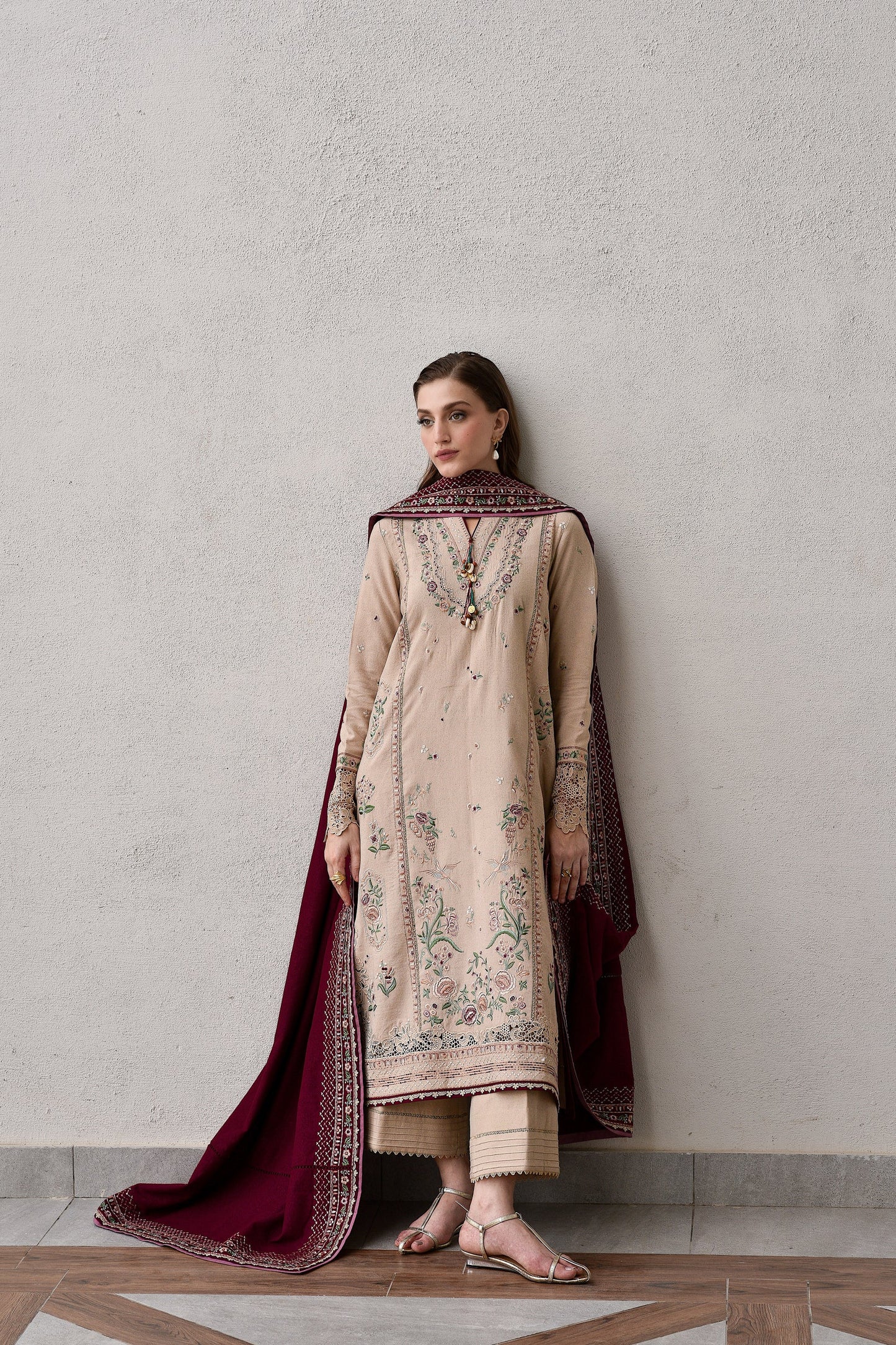 BEIGE & BURGUNDY LUXURY EMBROIDERED KARANDI SET (NEL-25628) | ZAIB