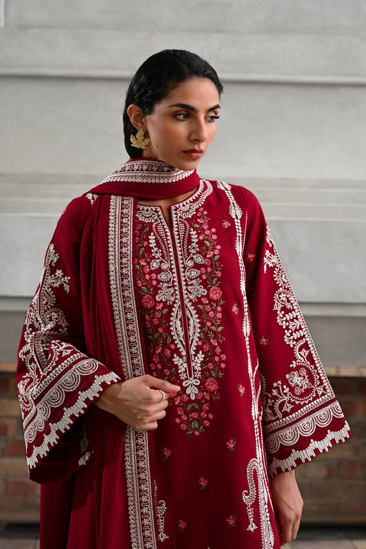 DORI DEEP RED LUXURY EMBROIDERED KARANDI SET (NEL-25629) | ZAIB