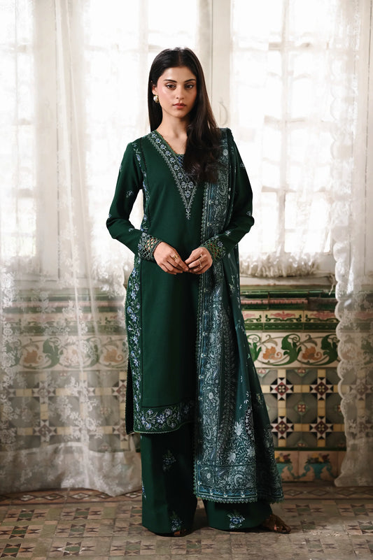 DEEP GREEN | LUXURY EMBROIDERED KARANDI | (NPA3-25445) | ZAIB