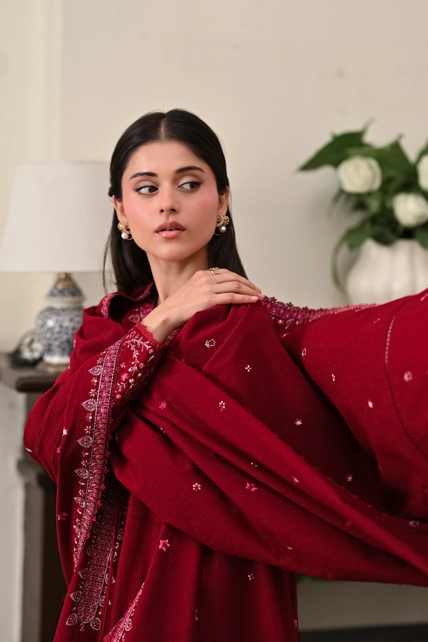 DEEP RED | LUXURY EMBROIDERED KARANDI | (NPA3-25449) | ZAIB