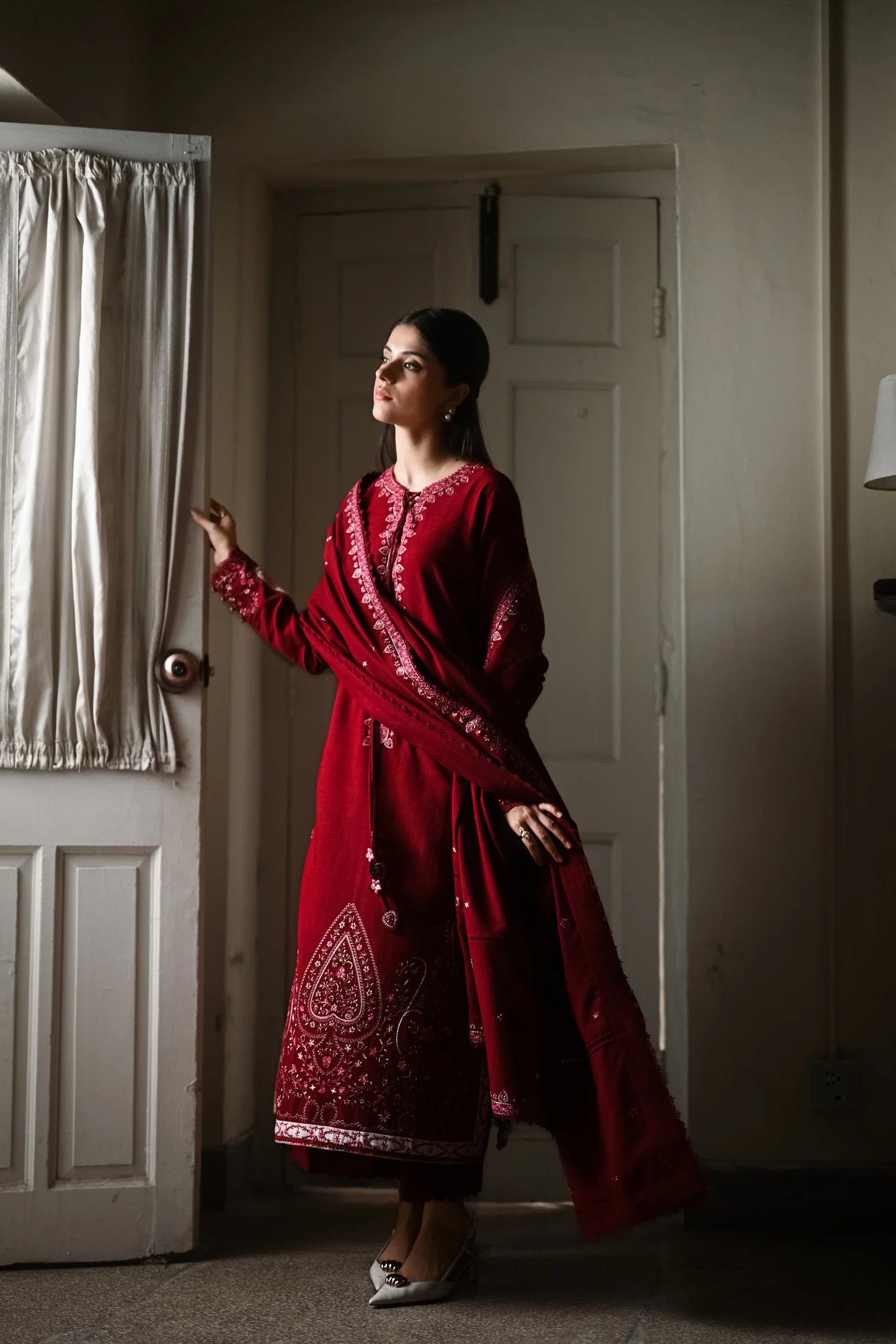 DEEP RED | LUXURY EMBROIDERED KARANDI | (NPA3-25449) | ZAIB