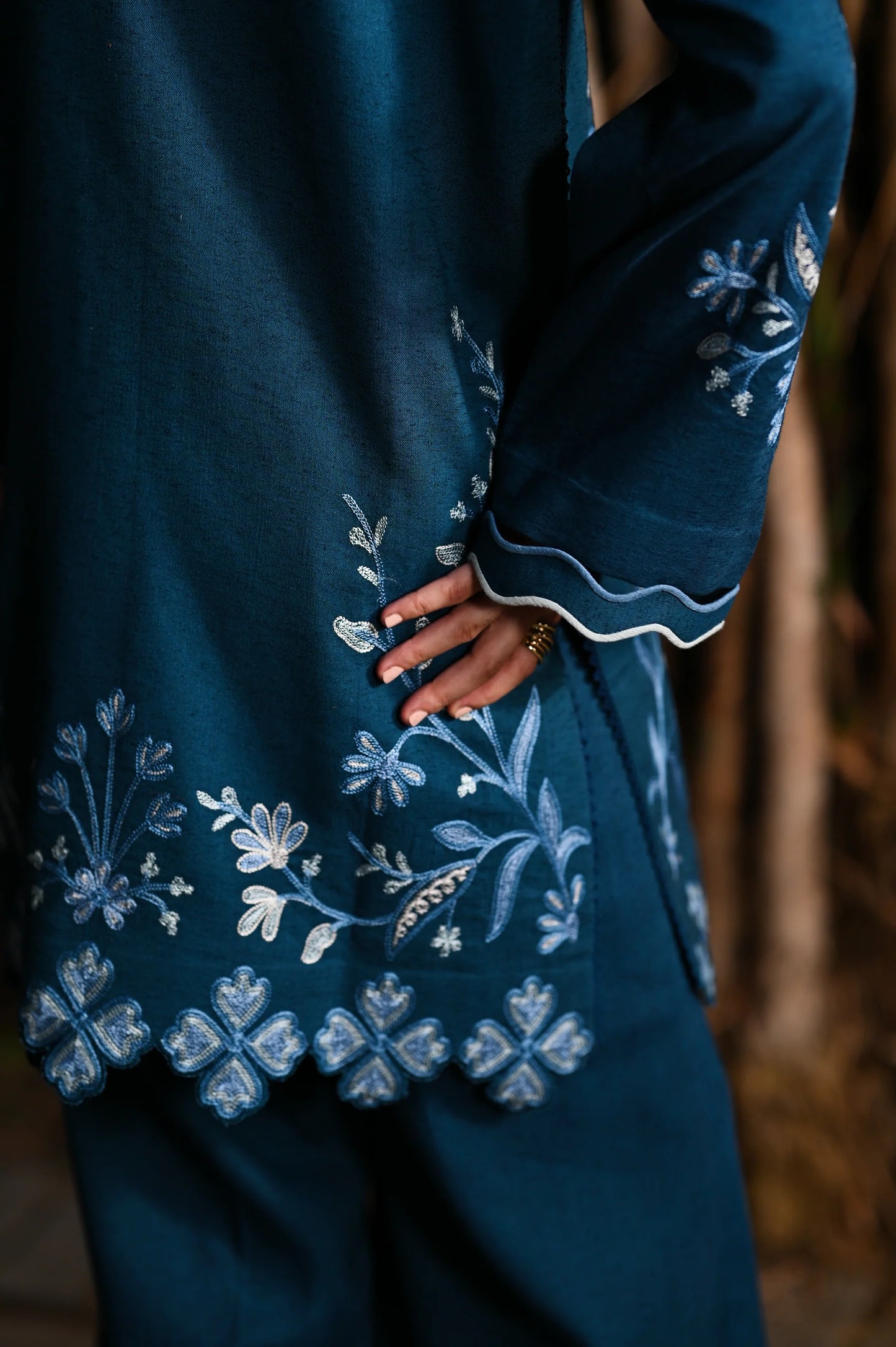 TEAL BLUE LUXURY EMBROIDERED KARANDI (NPA2-25316) | ZAIB