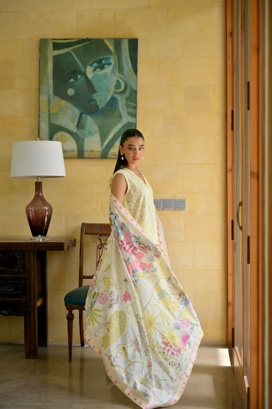 CARNIVAL (1) BUTTER YELLOW LUXURY PRINTED EMBROIDERED LAWN SET (NEL-25614) | ZAIB