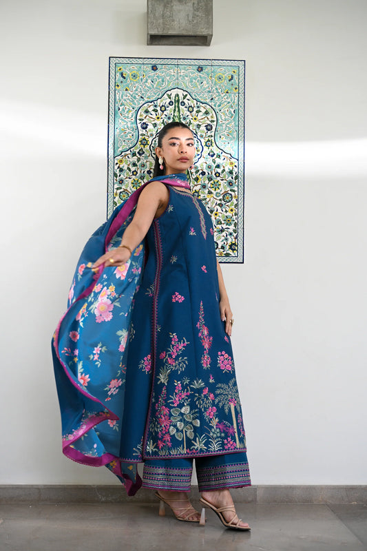 TEAL GARDEN LUXURY PRINTED EMBROIDERED LAWN SET (NEL-25610) | ZAIB