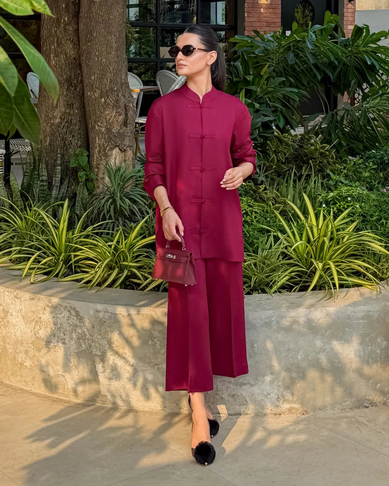 Burgundy Mandarin Collared Set | New Arrivals | LIRA