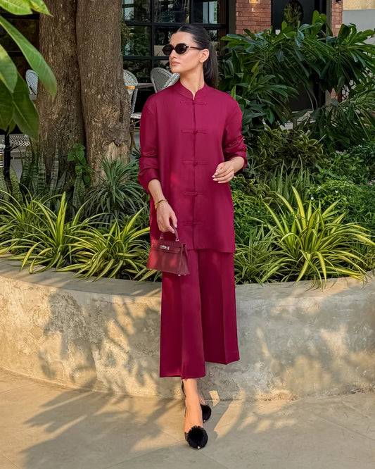 Burgundy Mandarin Collared Set | New Arrivals | LIRA