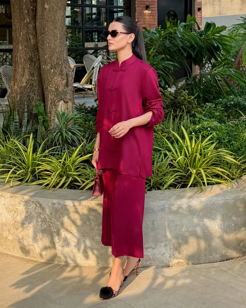 Burgundy Mandarin Collared Set | New Arrivals | LIRA