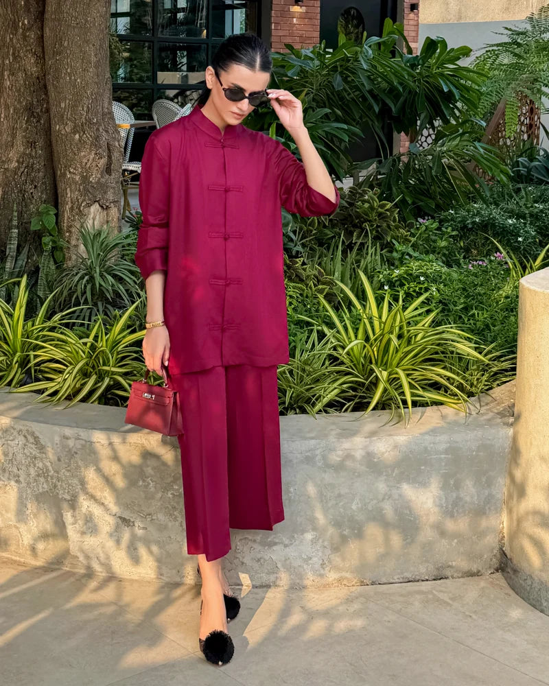 Burgundy Mandarin Collared Set | New Arrivals | LIRA
