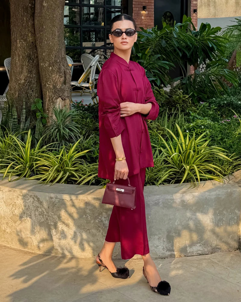 Burgundy Mandarin Collared Set | New Arrivals | LIRA