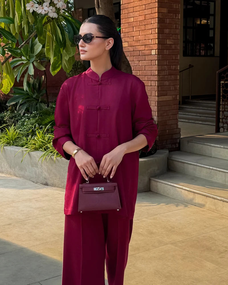 Burgundy Mandarin Collared Set | New Arrivals | LIRA