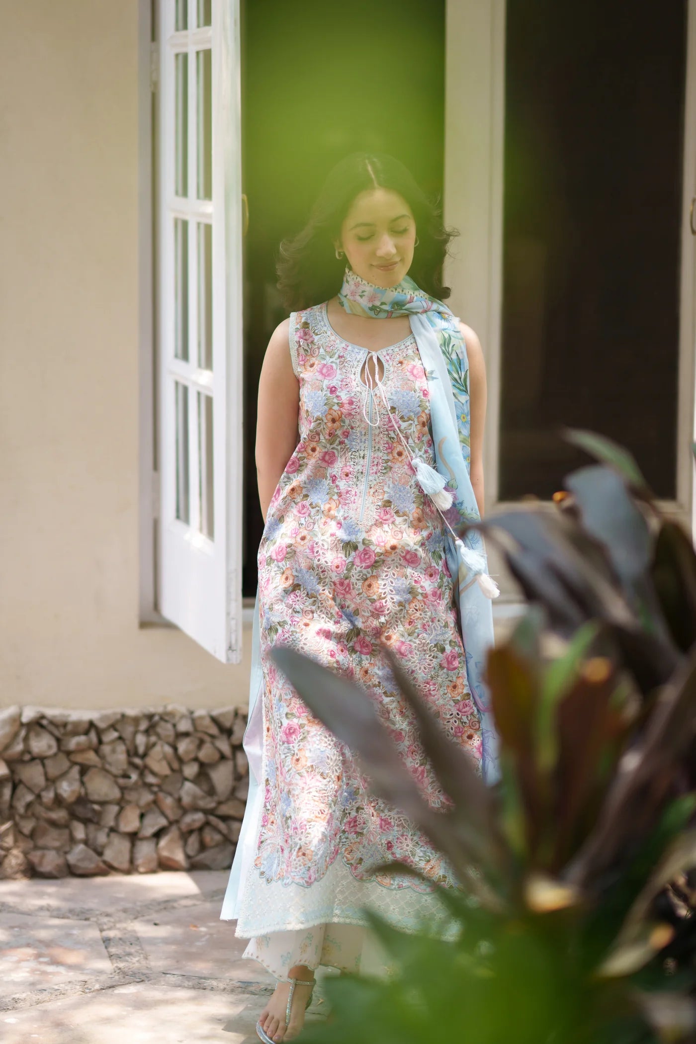 SOFT BLUE LUXURY EMBROIDERED PRINTED PREMIUM COTTON 3PCS SET (NEL-26628) | DEAR MONSOON | ZAIB