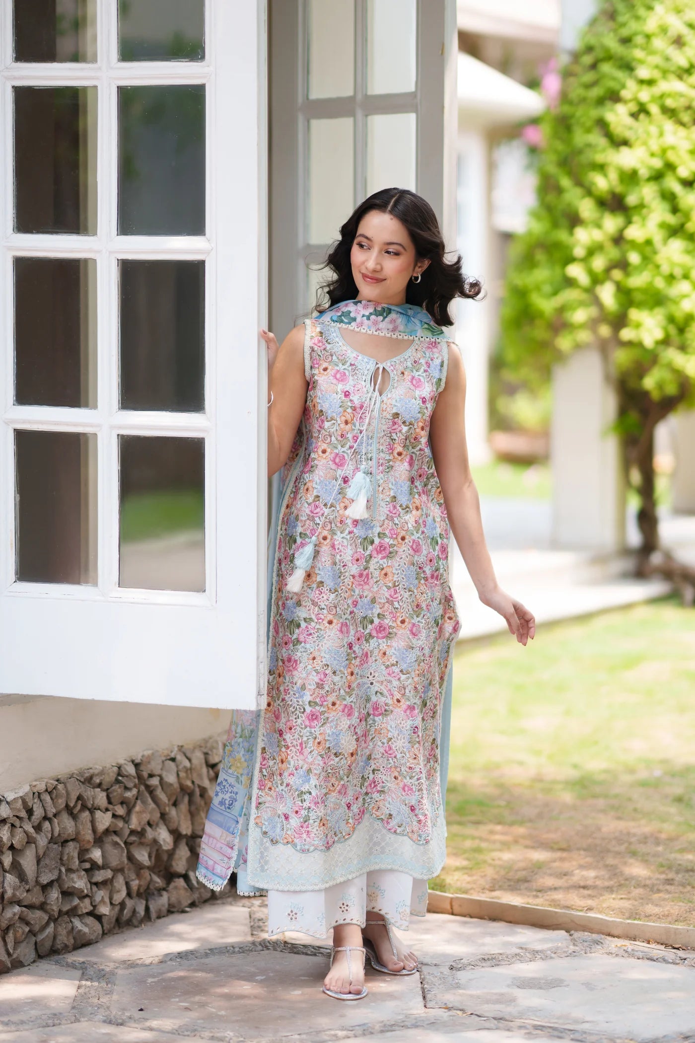 SOFT BLUE LUXURY EMBROIDERED PRINTED PREMIUM COTTON 3PCS SET (NEL-26628) | DEAR MONSOON | ZAIB