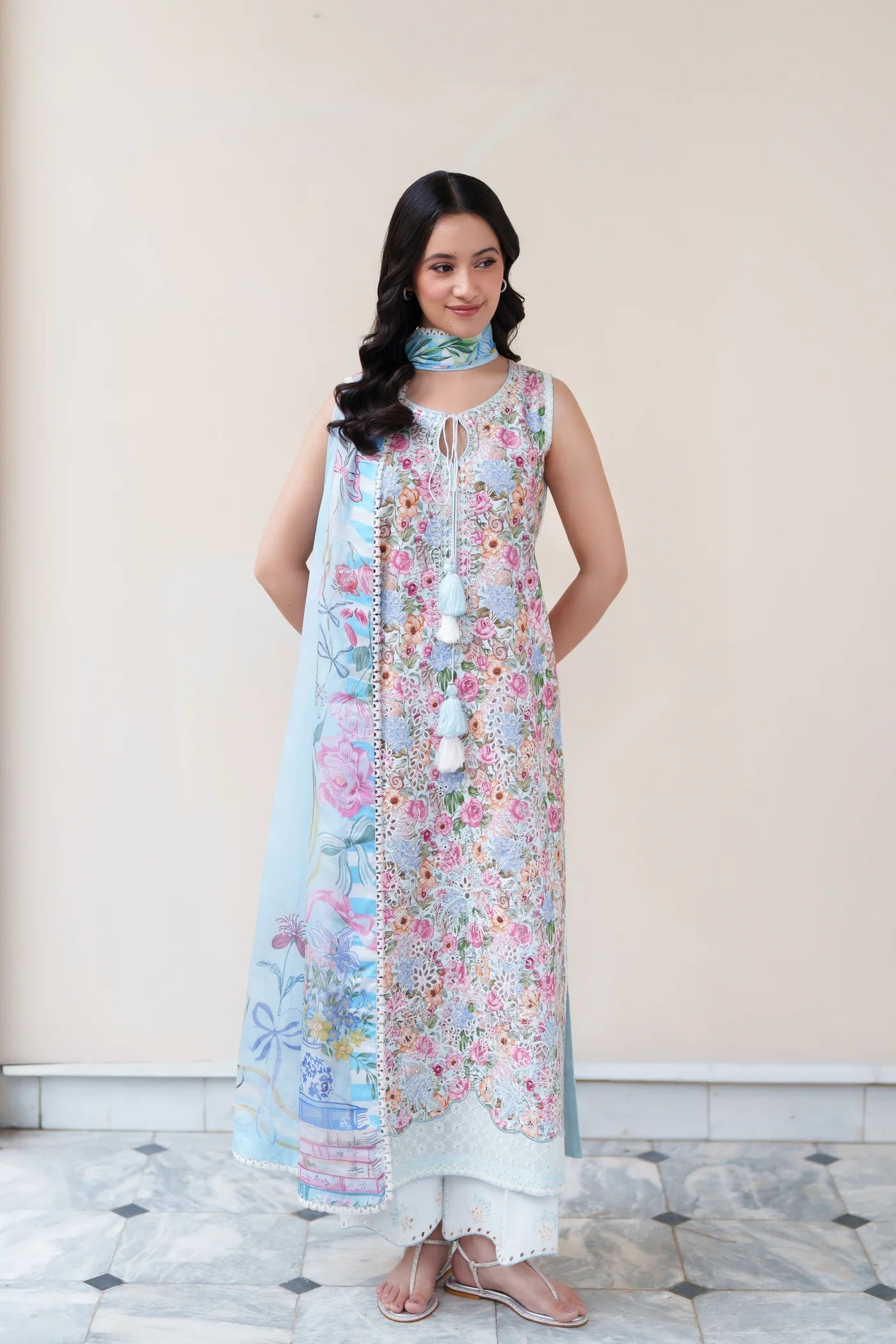 SOFT BLUE LUXURY EMBROIDERED PRINTED PREMIUM COTTON 3PCS SET (NEL-26628) | DEAR MONSOON | ZAIB