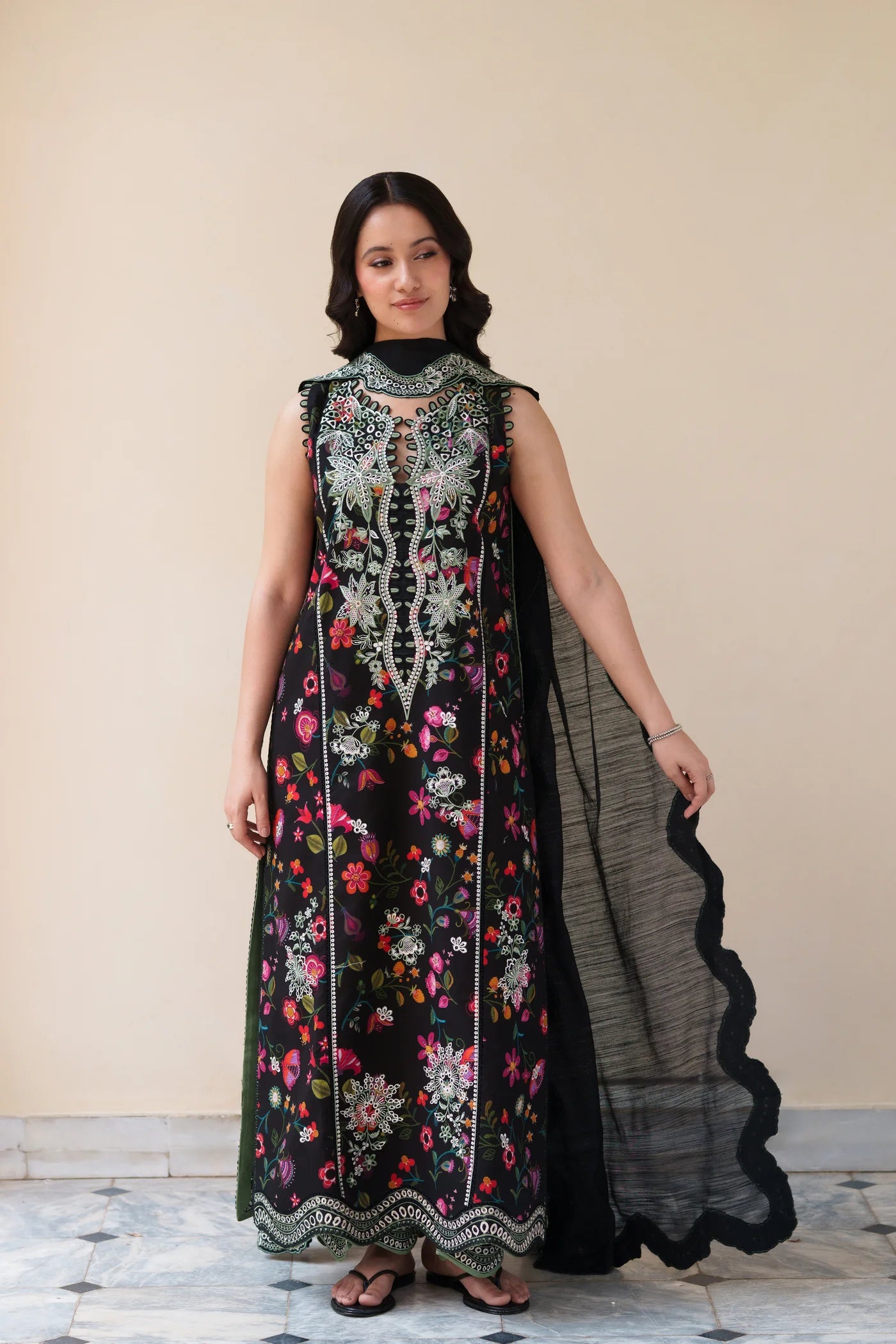 BLOOMING BLACK LUXURY EMBROIDERED PRINTED PREMIUM COTTON 3PCS SET (NEL-26629) | DEAR MONSOON | ZAIB
