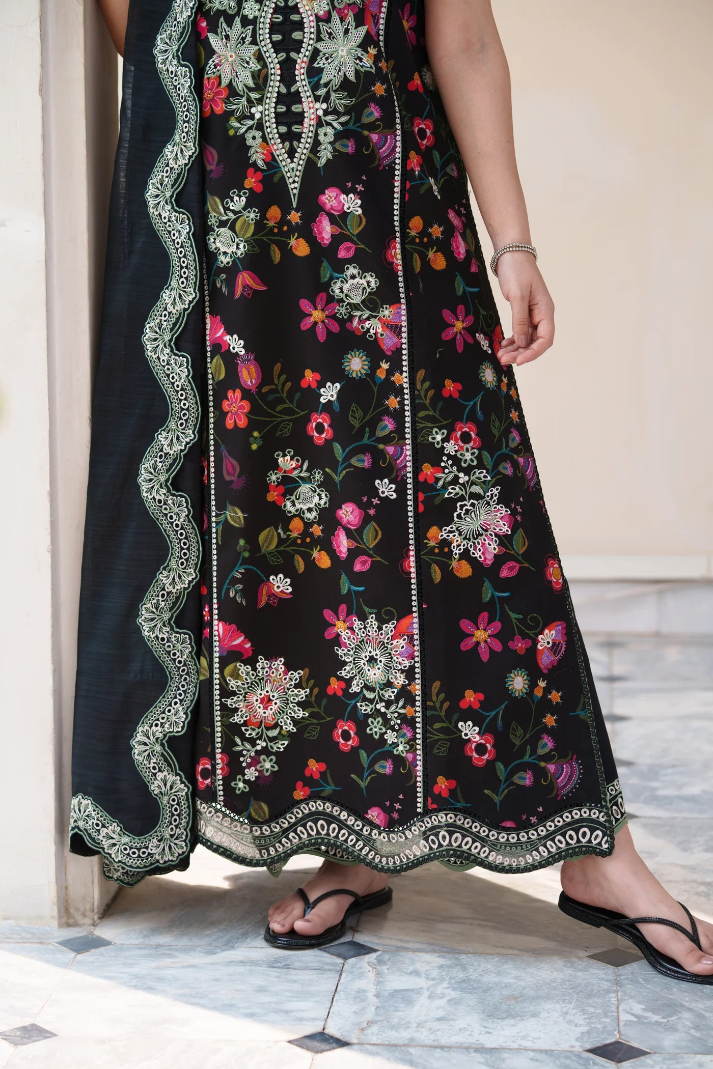 BLOOMING BLACK LUXURY EMBROIDERED PRINTED PREMIUM COTTON 3PCS SET (NEL-26629) | DEAR MONSOON | ZAIB