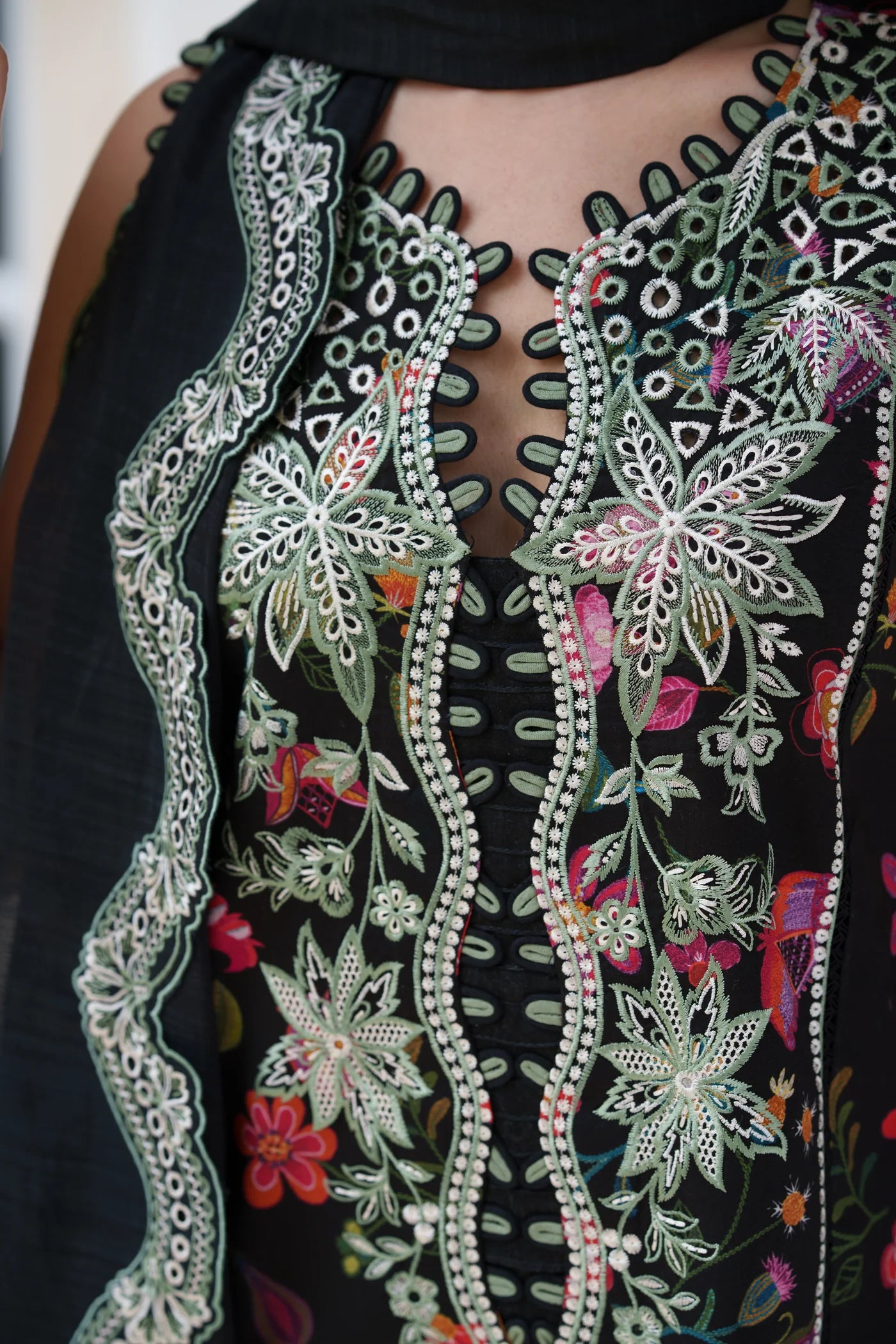 BLOOMING BLACK LUXURY EMBROIDERED PRINTED PREMIUM COTTON 3PCS SET (NEL-26629) | DEAR MONSOON | ZAIB