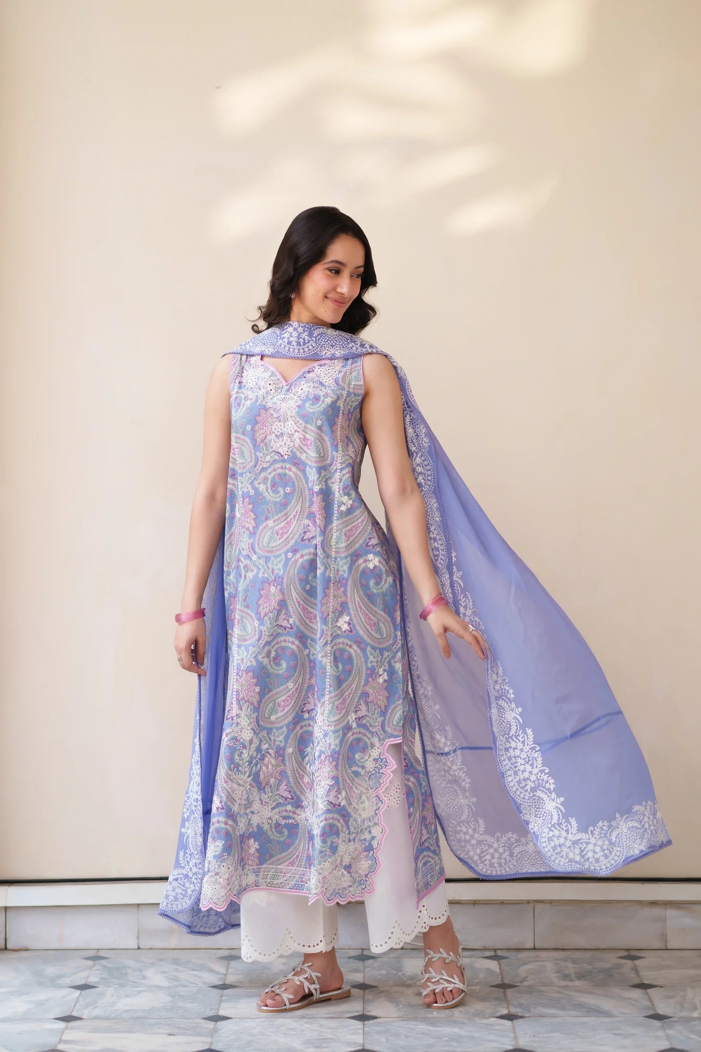 PERIWINKLE LUXURY EMBROIDERED PRINTED PREMIUM COTTON 3PCS SET (NEL-26626) | DEAR MONSOON | ZAIB