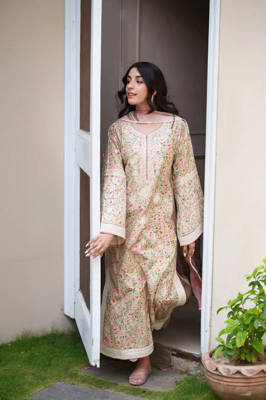 SOFT PISTACHIO LUXURY EMBROIDERED PRINTED PREMIUM COTTON 3PCS SET (NEL-26630) | DEAR MONSOON | ZAIB