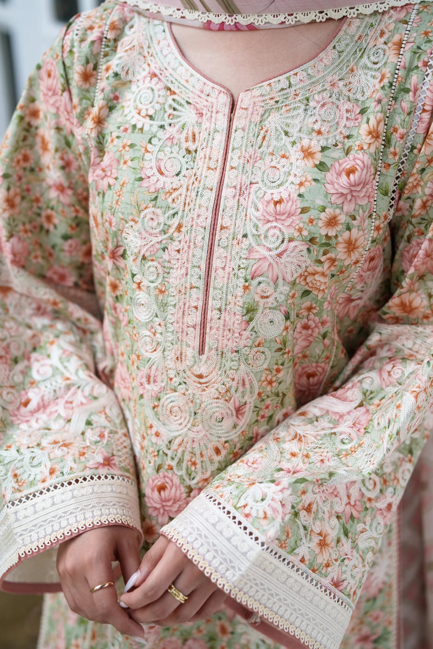 SOFT PISTACHIO LUXURY EMBROIDERED PRINTED PREMIUM COTTON 3PCS SET (NEL-26630) | DEAR MONSOON | ZAIB