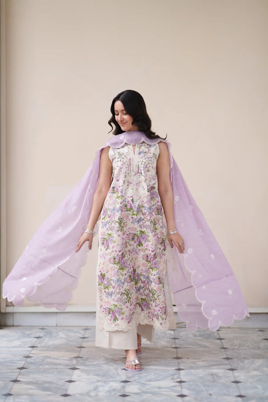 LOVE LILAC LUXURY EMBROIDERED PRINTED PREMIUM COTTON 3PCS SET (NEL-26631) | DEAR MONSOON | ZAIB