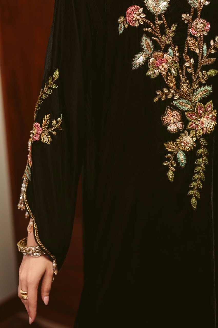 Floral Noir Velvet Kaftan (D-05) | The Overture '26 | Ammara Khan