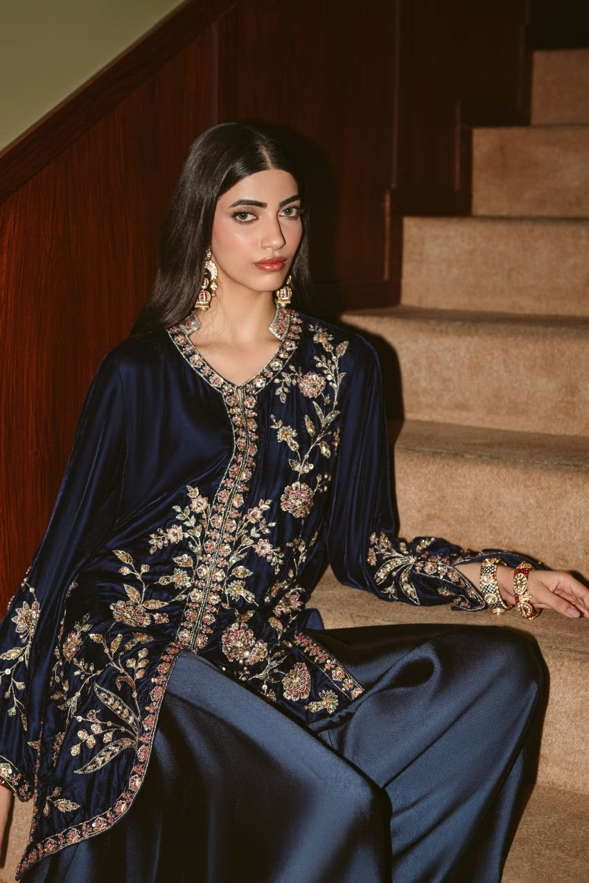 Navy Midnight Velvet Jacket Set (D-03) | The Overture '26 | Ammara Khan