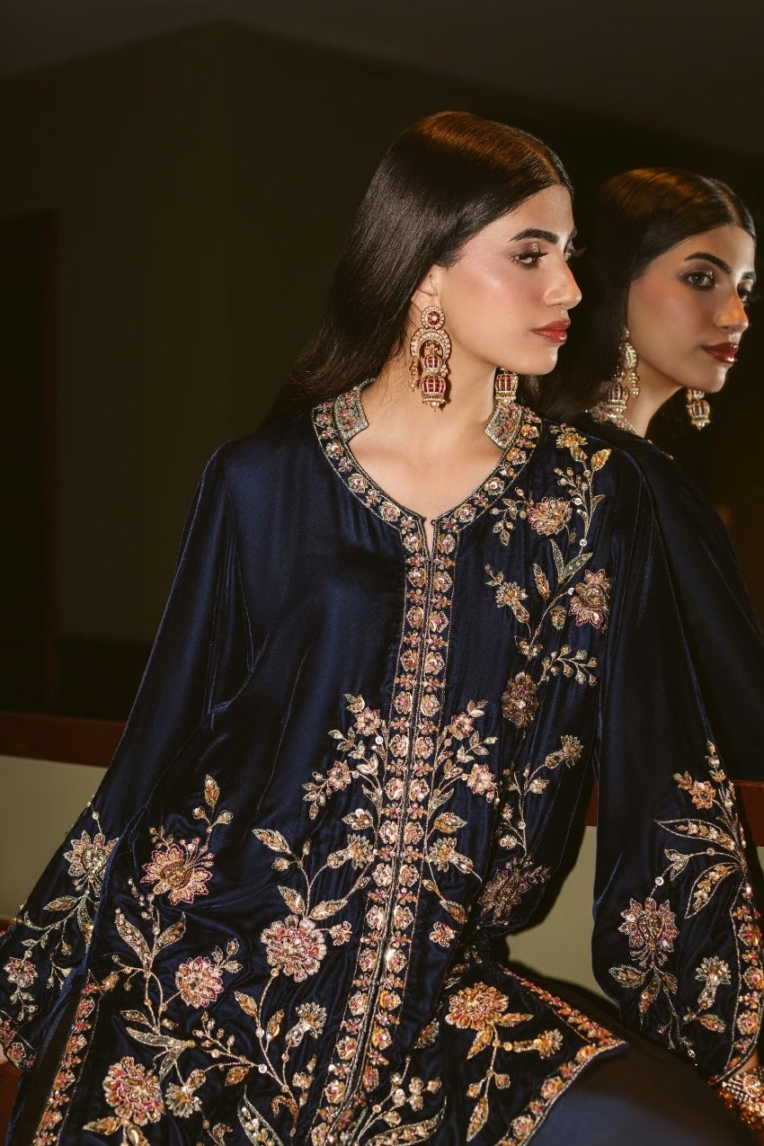 Navy Midnight Velvet Jacket Set (D-03) | The Overture '26 | Ammara Khan