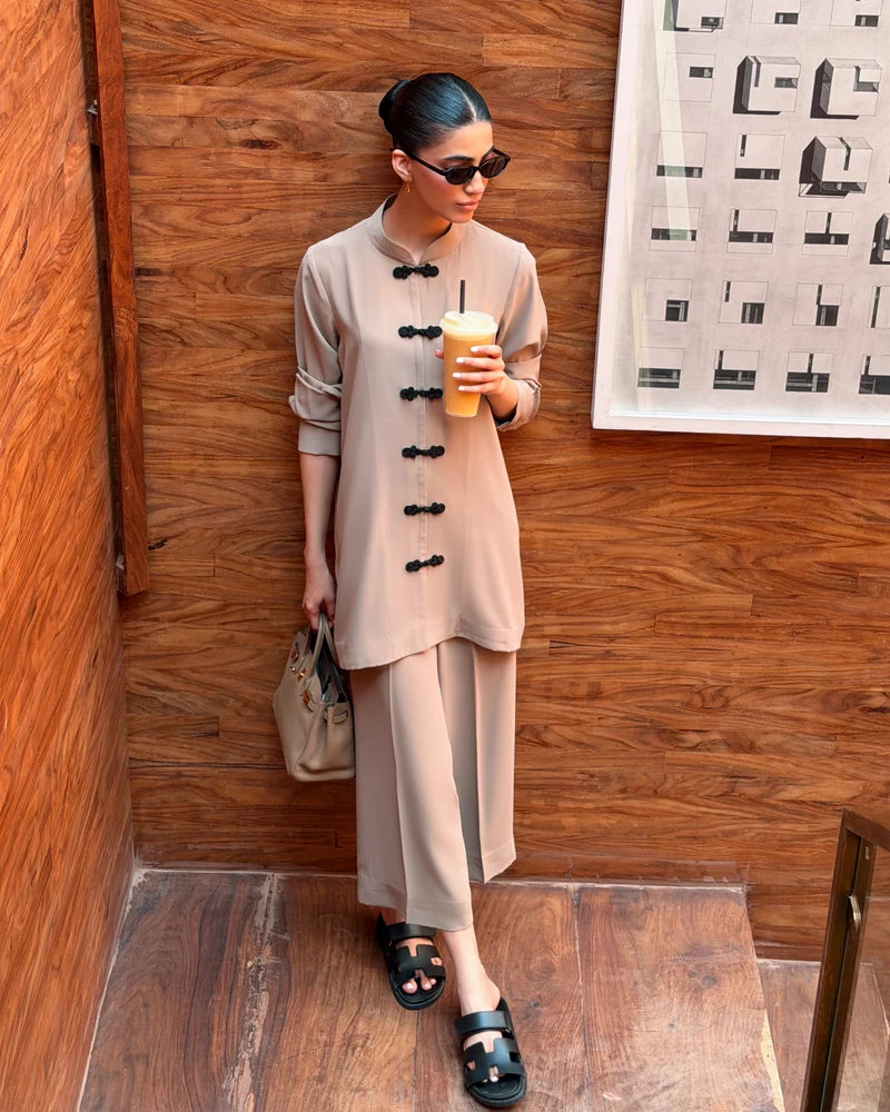 Taupe Mandarin Buttoned Set | New Arrivals | LIRA