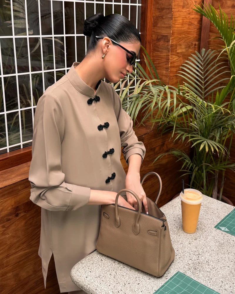 Taupe Mandarin Buttoned Set | New Arrivals | LIRA