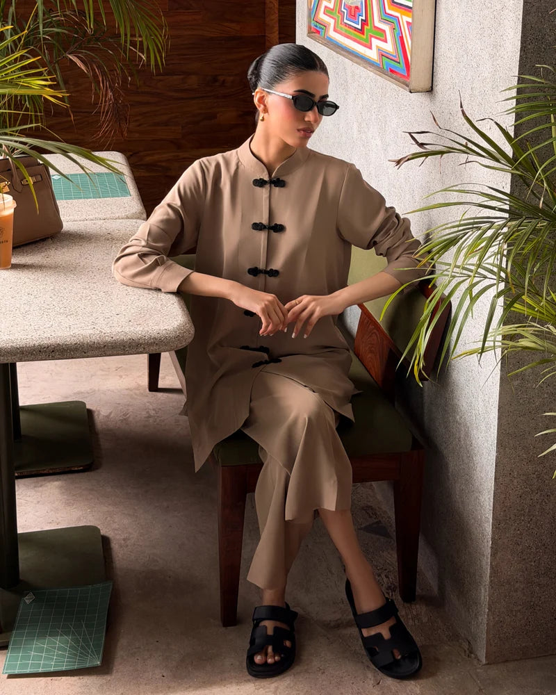 Taupe Mandarin Buttoned Set | New Arrivals | LIRA