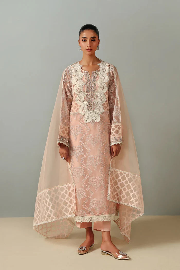 Lacy Peach Kurta Set (D-16) | Nurae '26 | Ammara Khan