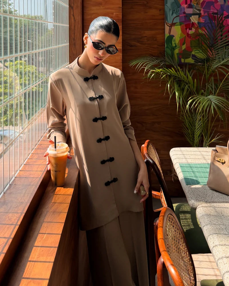 Taupe Mandarin Buttoned Set | New Arrivals | LIRA