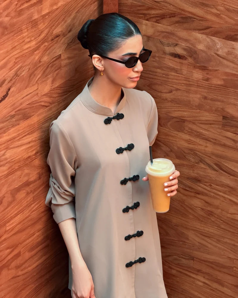 Taupe Mandarin Buttoned Set | New Arrivals | LIRA