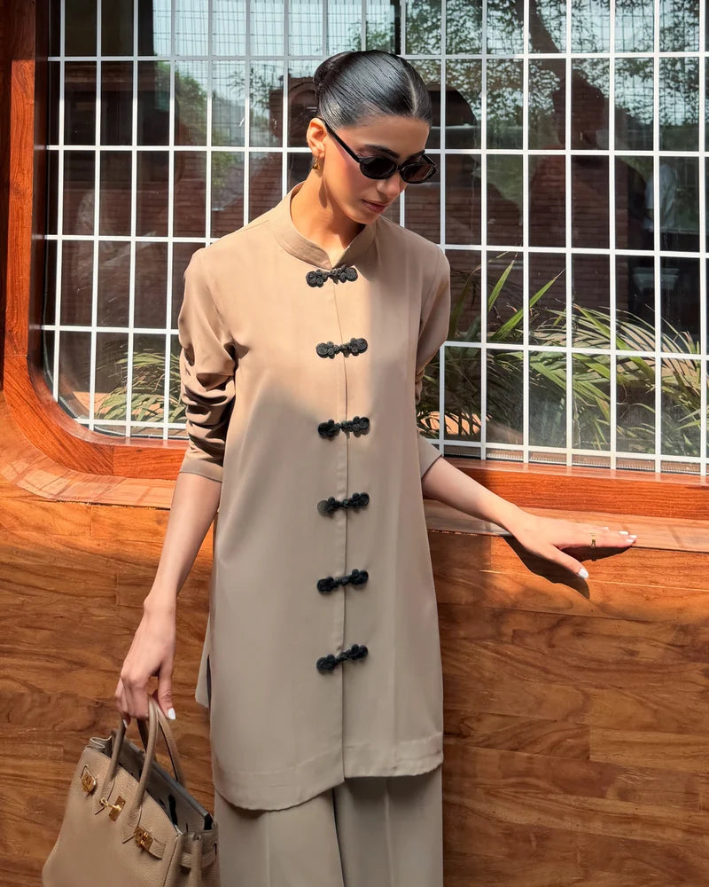 Taupe Mandarin Buttoned Set | New Arrivals | LIRA
