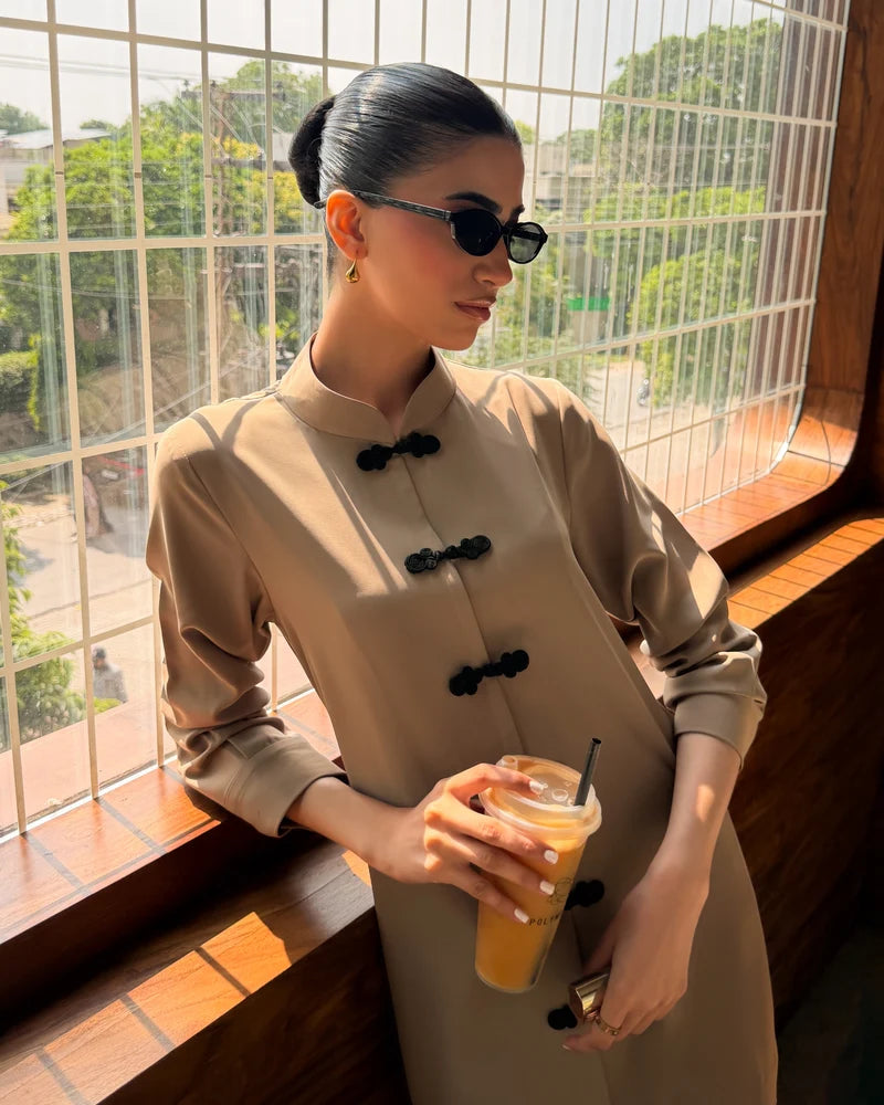 Taupe Mandarin Buttoned Set | New Arrivals | LIRA