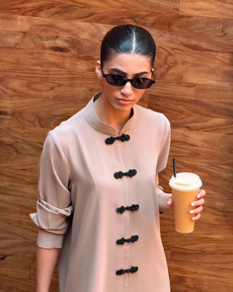 Taupe Mandarin Buttoned Set | New Arrivals | LIRA