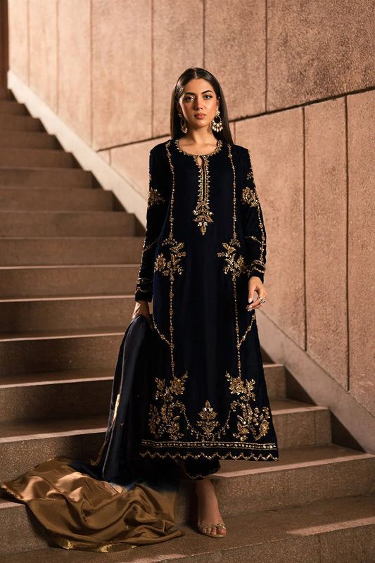 Blue and Bronze Gold Velvet Set (D-12) | Rendezvous '24 | Ammara Khan