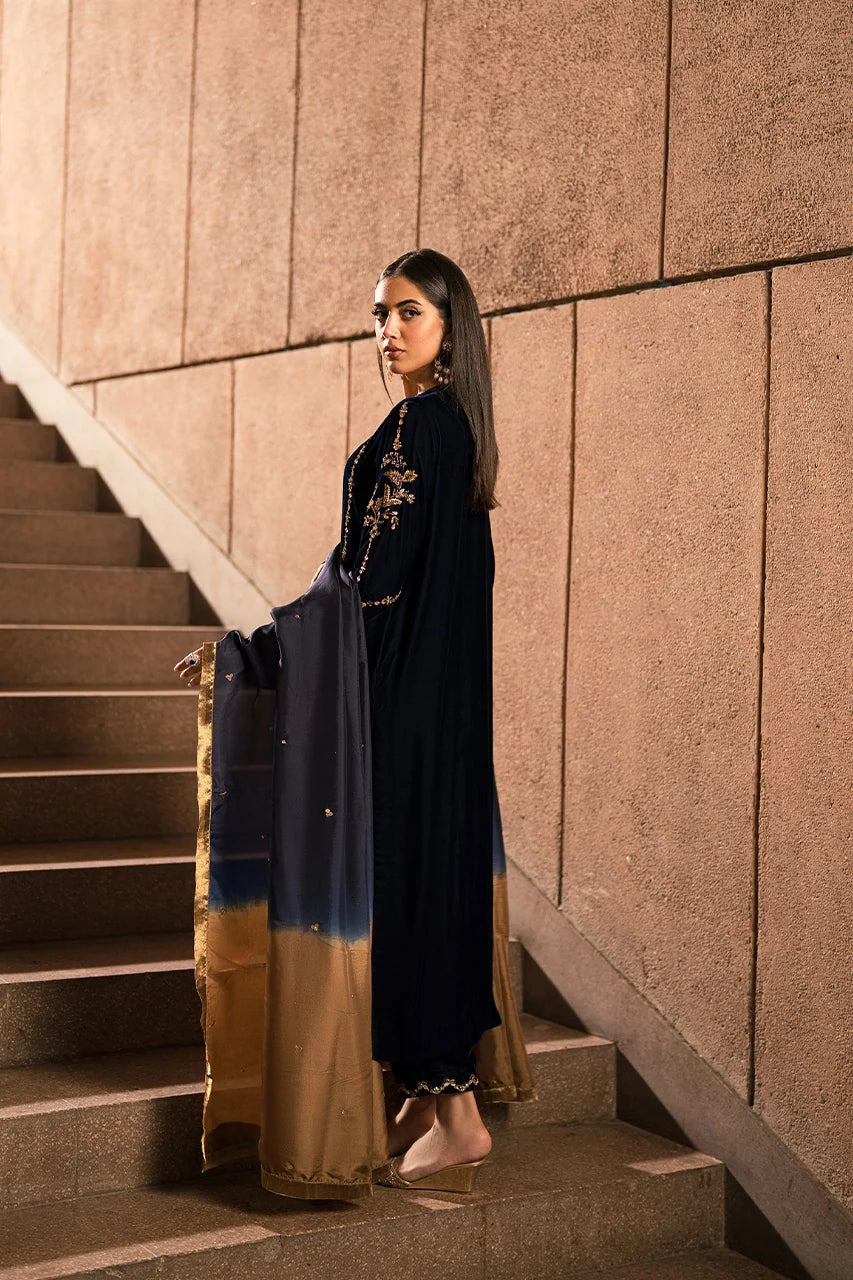 Blue and Bronze Gold Velvet Set (D-12) | Rendezvous '24 | Ammara Khan