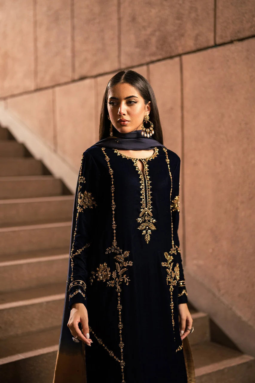 Blue and Bronze Gold Velvet Set (D-12) | Rendezvous '24 | Ammara Khan