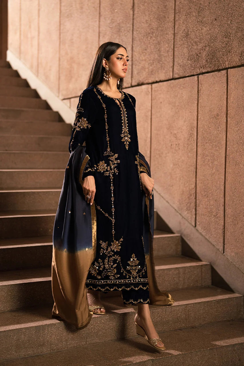 Blue and Bronze Gold Velvet Set (D-12) | Rendezvous '24 | Ammara Khan