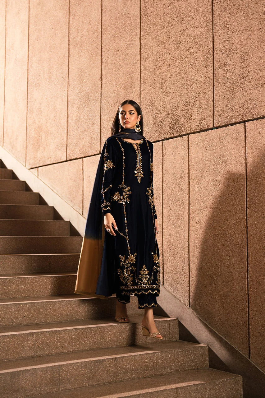 Blue and Bronze Gold Velvet Set (D-12) | Rendezvous '24 | Ammara Khan