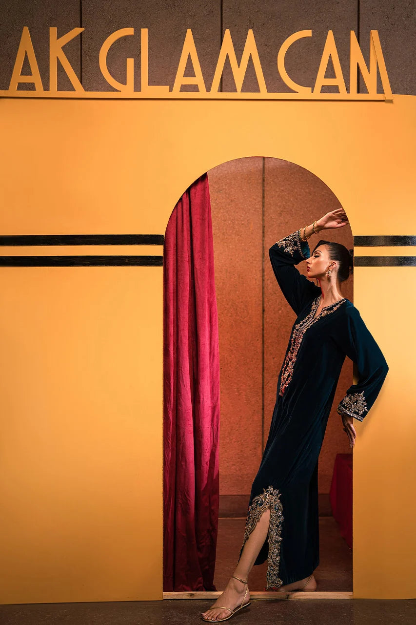 Statement Teal Velvet Kaftan (D-06) | Rendezvous '24 | Ammara Khan