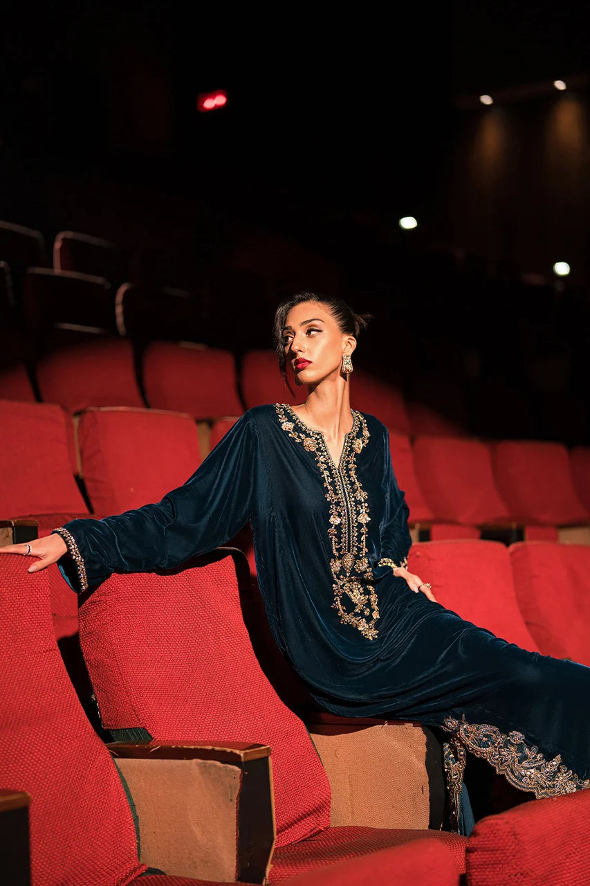 Statement Teal Velvet Kaftan (D-06) | Rendezvous '24 | Ammara Khan
