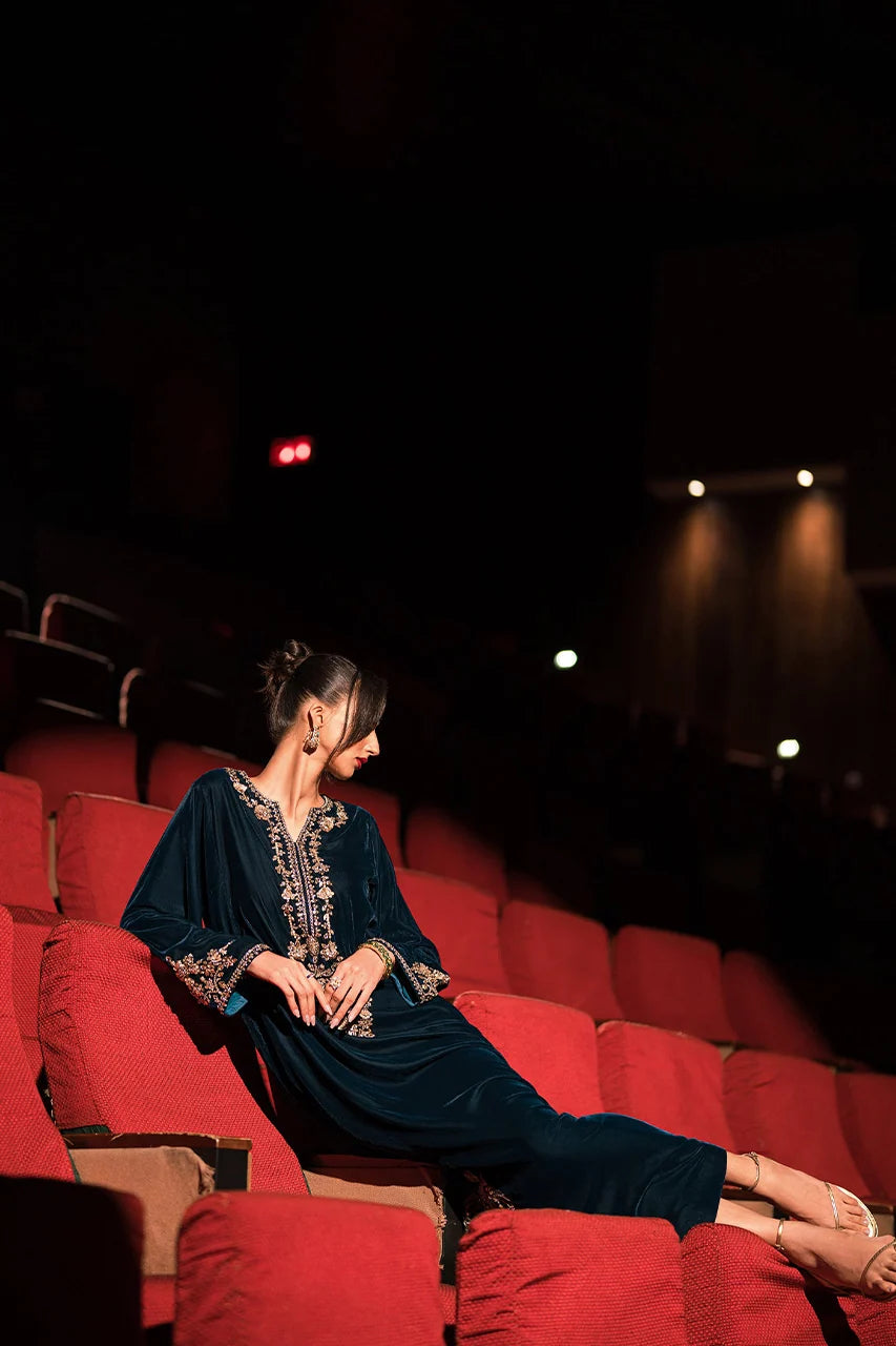 Statement Teal Velvet Kaftan (D-06) | Rendezvous '24 | Ammara Khan