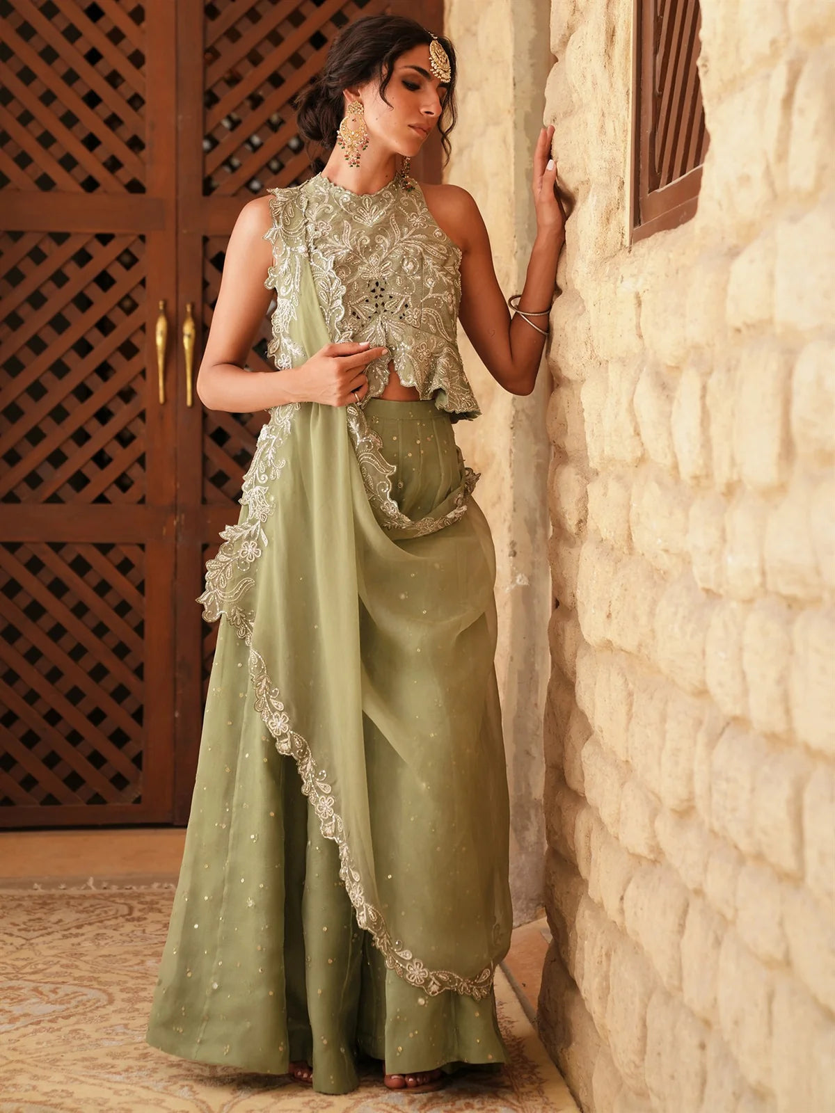 KOTI, LEHENGA & DRAPED DUPATTA | DEMI COUTURE | MISHA LAKHANI