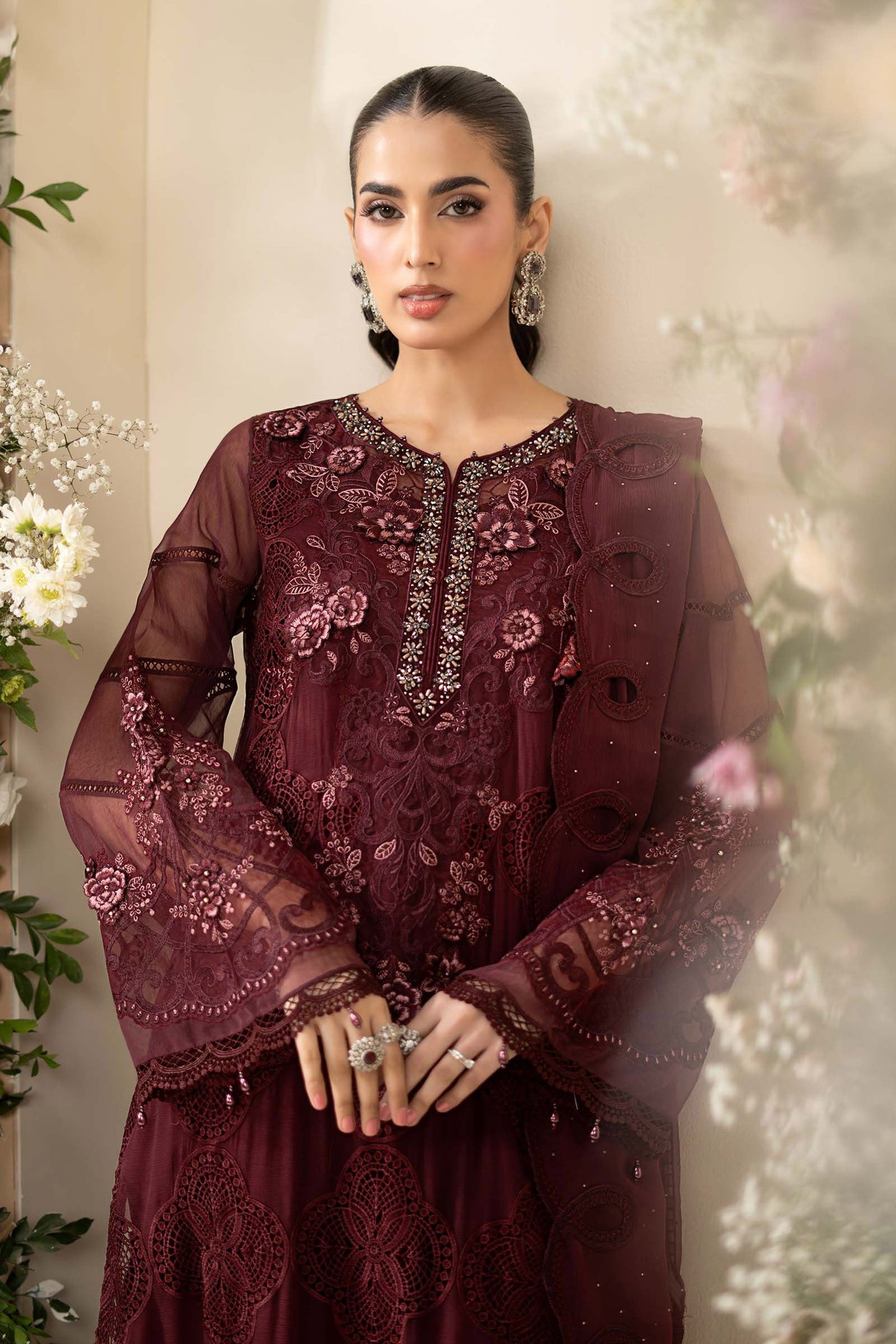 MCS-26-108-Burgundy | Stitched Chiffon Collection ‘26 | MARIA.B