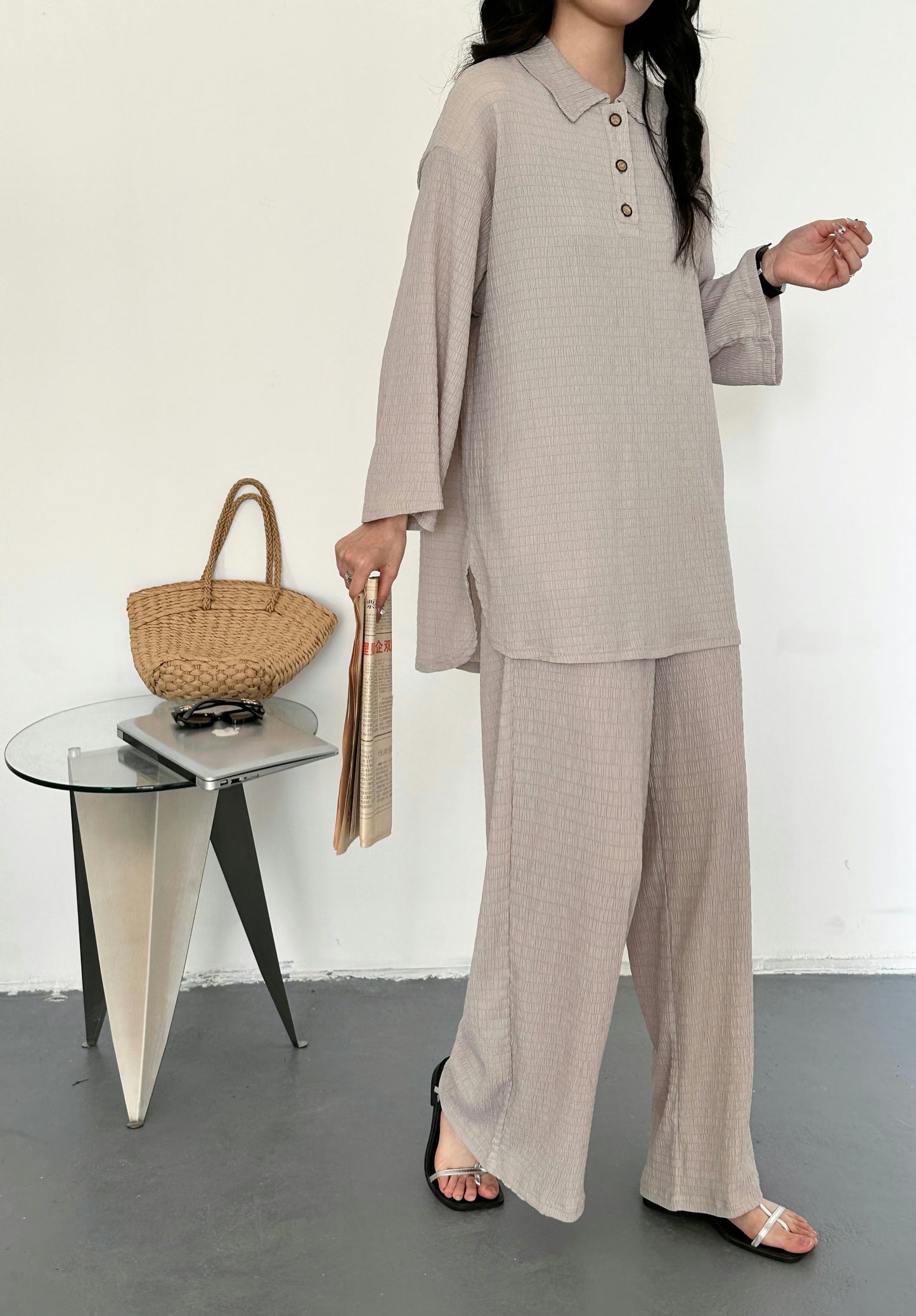 Gigi Textured Summer Co ord Gray | New Arrivals | Hassal