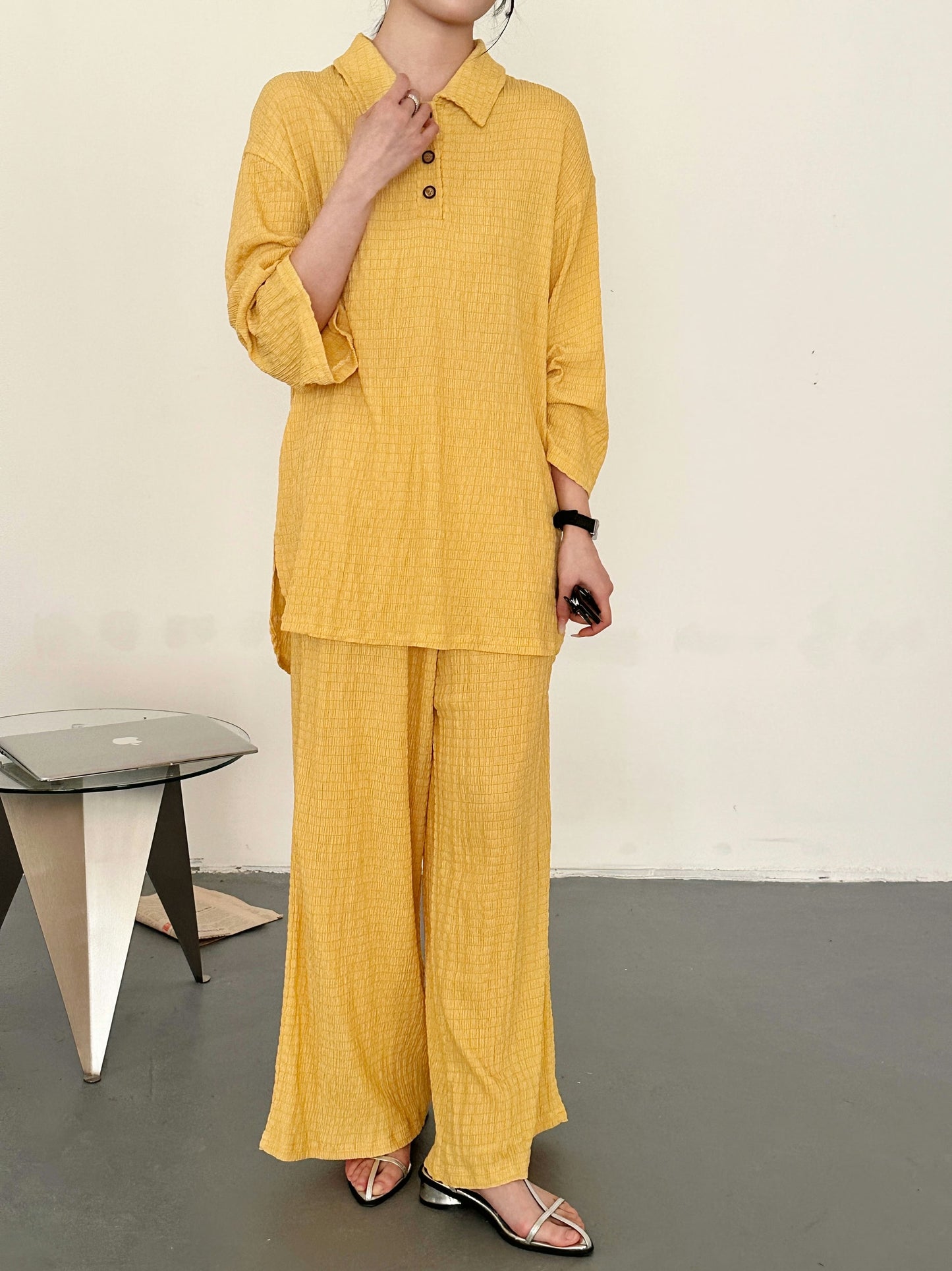 Gigi Textured Summer Co ord Burnt Yellow | New Arrivals | Hassal