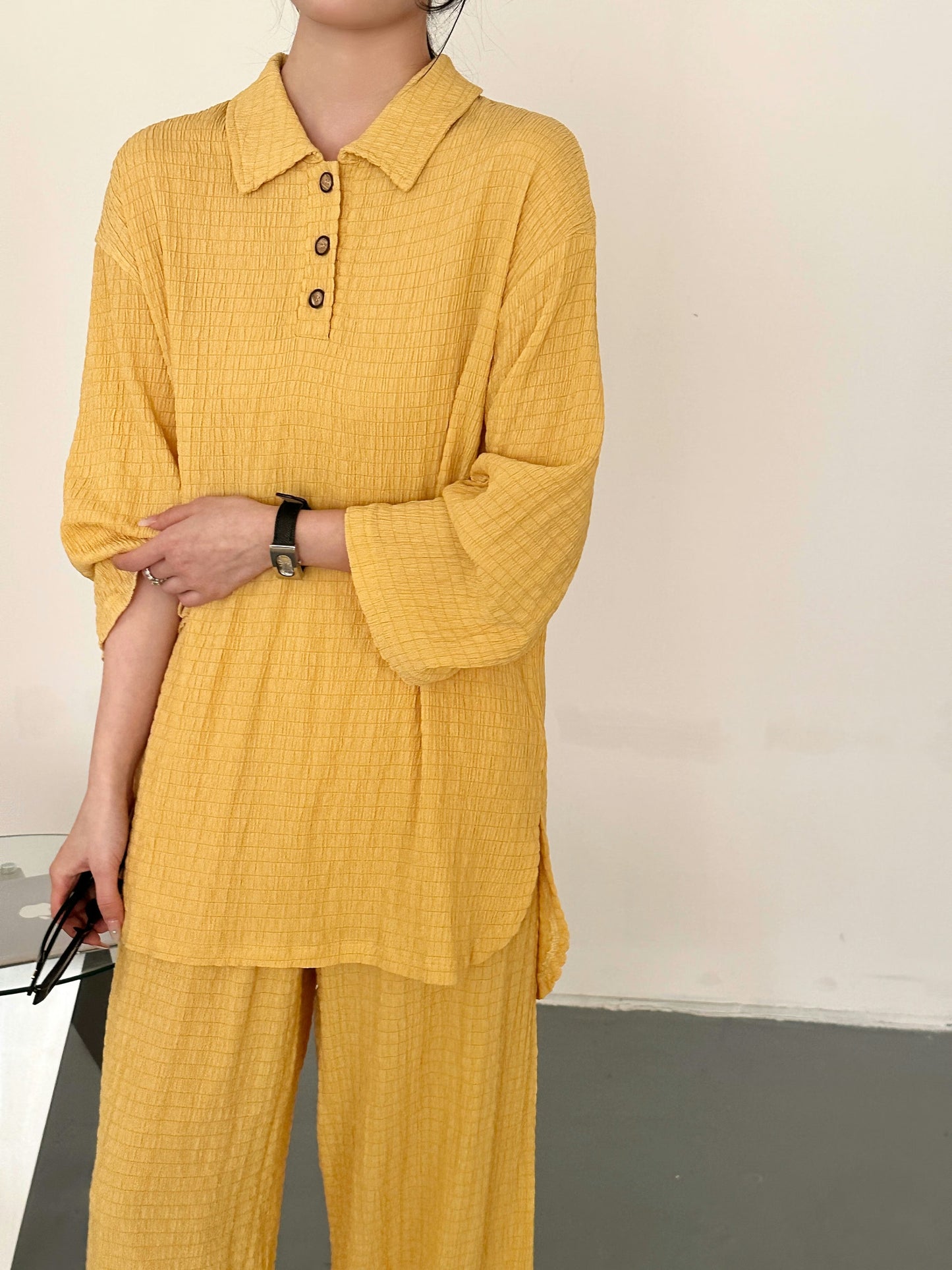 Gigi Textured Summer Co ord Burnt Yellow | New Arrivals | Hassal