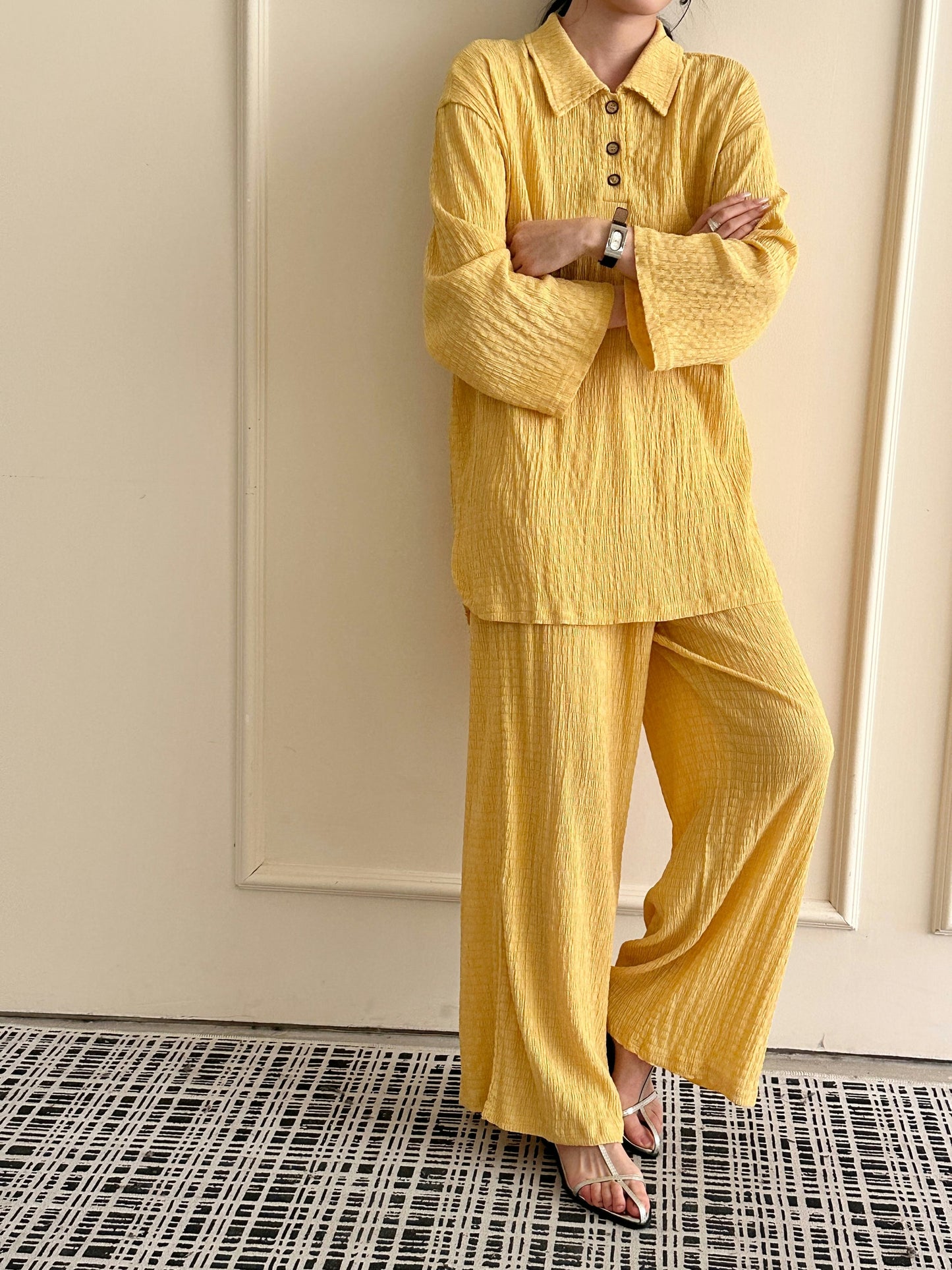 Gigi Textured Summer Co ord Burnt Yellow | New Arrivals | Hassal